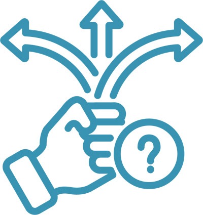 Graphic of a hand holding arrows and a question mark