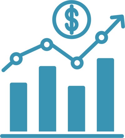Graphic of a bar chart with line going up and dollar sign